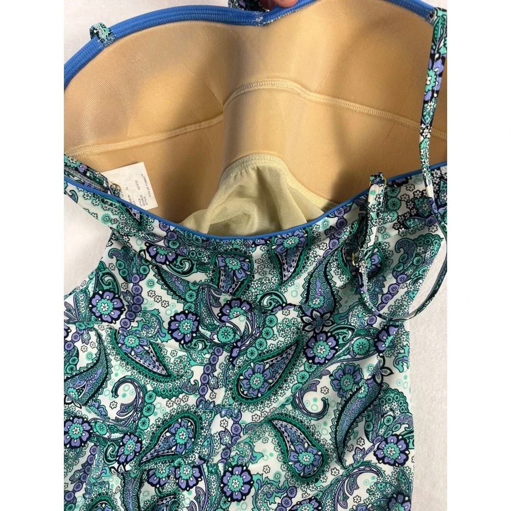 Fit 4 U One Piece Swimsuit W 12 Teal Purple Paisley Fit 4 Ur Tummy Ruched Beach - Picture 6 of 13